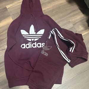 Adidas Men's Trefoil Logo Pullover Hoodie Sweat Pants Sweatsuit - Burgundy S